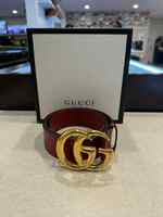 Gucci Red Leather Belt 1.5" Width Gold GG 80/32  SPB-TS 347660