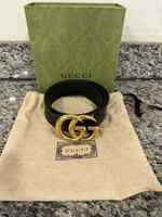 Gucci Black Leather Belt 1.5" Width Gold GG 80/32 SPB-TS 347661