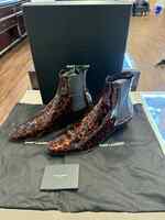 Saint Laurent YSL Dylan Tortoise Patent Leather Chelsea Boots Sz 44 TS 350081