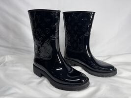 Louis Vuitton Black Logo LV Patent Rubber Drops Flat Half Rainboots   LS(352135)
