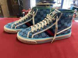 Size 9US 8+ Gucci GG Tennis 1977 High Top Sneakers Blue PPSDM 355337