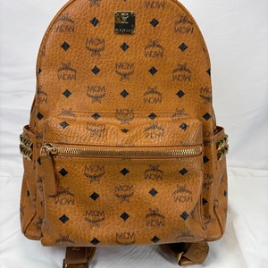 MCM Visetos PVC Leather Backpack Rucksack Studs Cognac Authentic SPB JA-358718